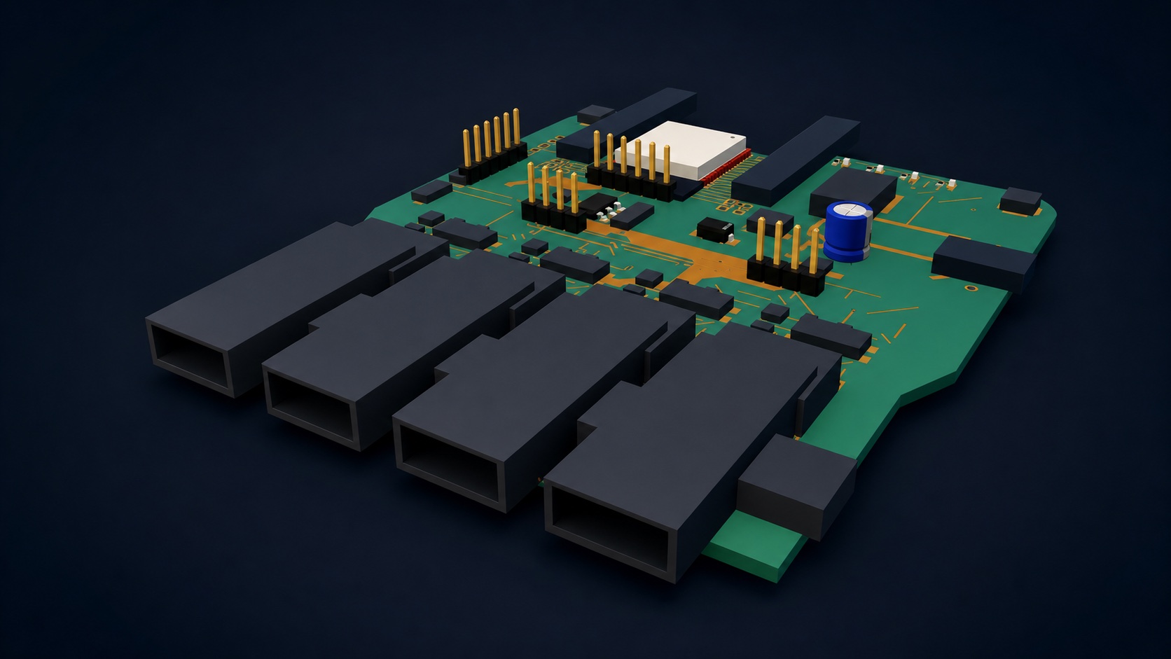 Three-dimensional Struct PCB view of an ESP32 controller board with routed copper and fitted components